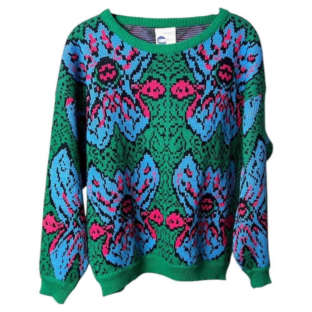 Vintage Extra Touch Sweater - Green and Blue Floral Design - M/L